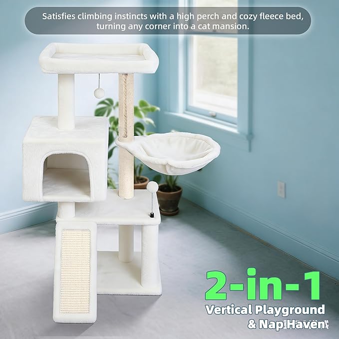 Cat Tree with Cat Condo and Hammock, Cat Tree with Scratching Posts and Scratching Pads, Cat Tower for Indoor Cats, Activity Centre Climbing Tree with Playful Toy Balls, Beige