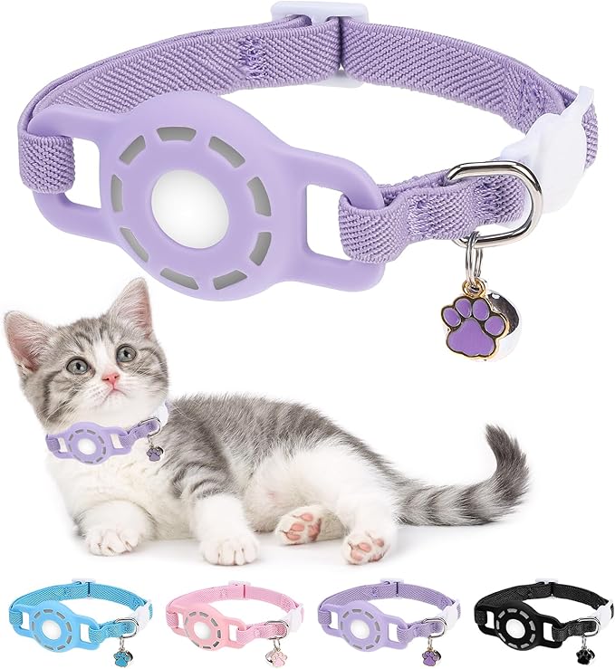 Airtag Cat Collar Breakaway, Stretchy Cat Tracker Collar with Apple Air Tag Holder for Boy Girl Cats, Elastic GPS Tracking Collars for Kittens and Puppies, Adjustable 9"-12" Purple
