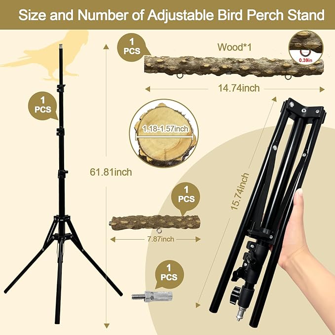 3-Layer 16-63 Inch Height Adjustable Bird Perch Pepper Wood Birds Training Perch Stand Parakeet Perches Indoor and Outdoor Parrot Stands for Small to Medium Bird