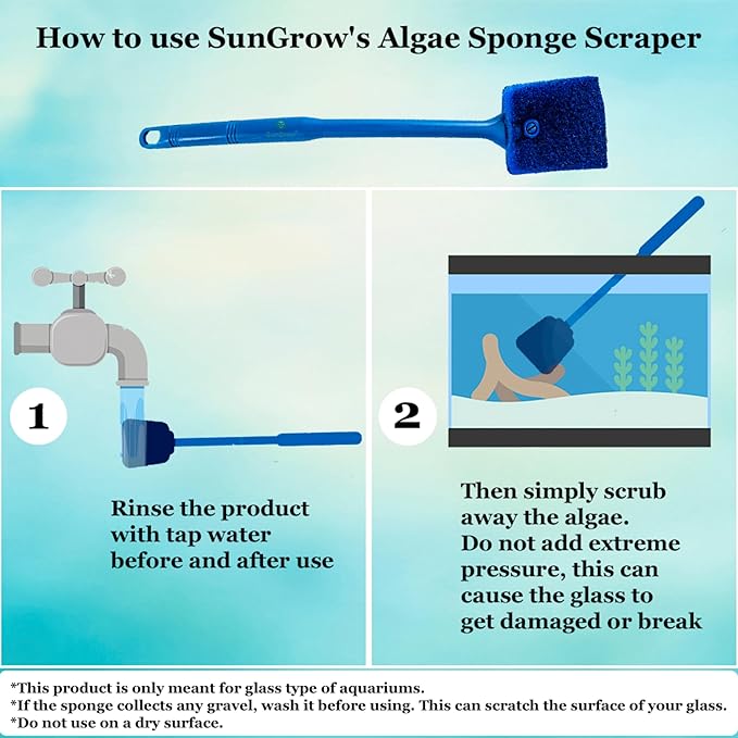 SunGrow Aquarium, Crested Gecko, Hermit Crab Sponge Scraper, 16” x 2”, Double-Sided Blue Sponge, Freshwater & Saltwater Fish Tank Maintenance, for Glass Surfaces Only