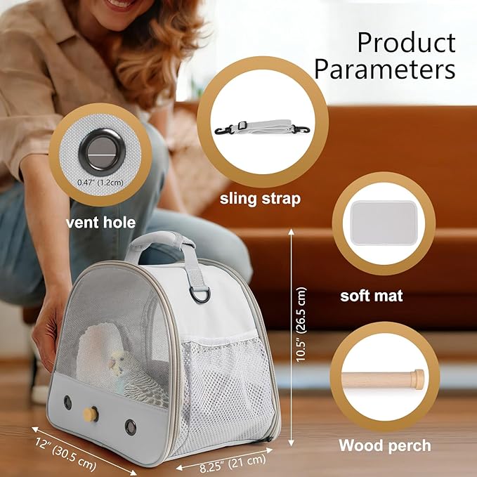 Bird Carrier, Portable Small Bird Parrot Parakeet Carrier with Standing Perch and Soft Support Mat, Side Access Window Collapsible (Grey, Mesh Windows)
