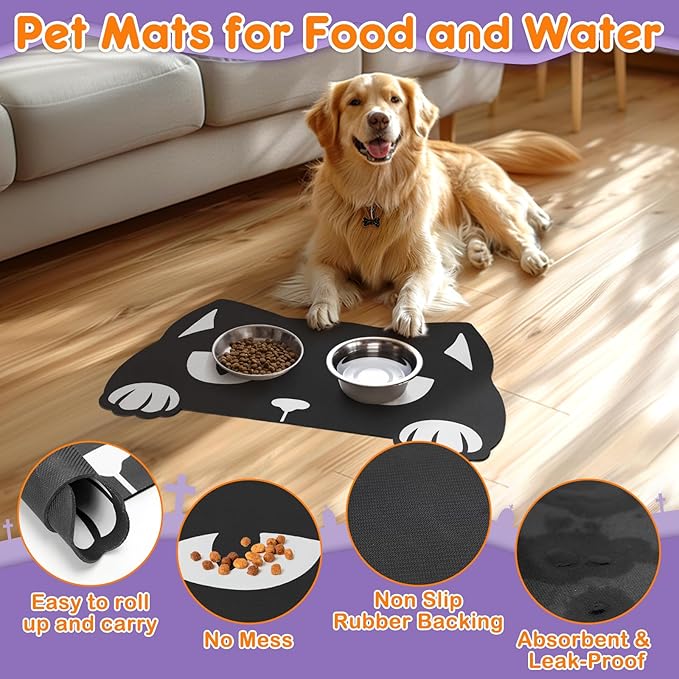 Pet Mats for Food and Water Dog Cat Food Mats Pet Feeding Mat Anti-Slip No Stains Quick Dry Floors Waterproof Placemat Food Water Bowl Mat Halloween Decorations - 23.6"x15.7" Black Cat
