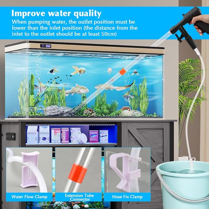 Aquarium Gravel Cleaner, Fish Tank Cleaner Kit, Aquarium Manual Press Noiseless Water Changer, Including Net,Thermometers & Cleaning Accessories for Fish Tank Maintenance