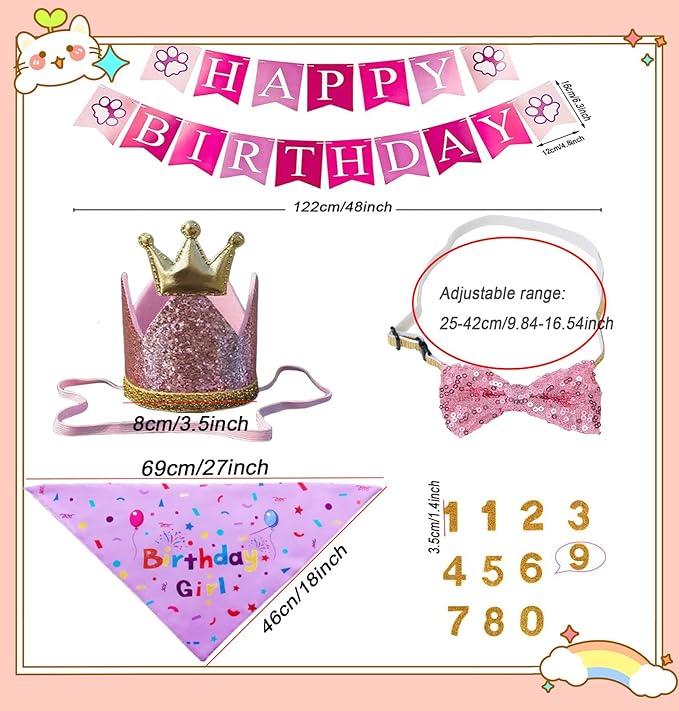 Happy Birthday Dog Party Supplies Kit - Dog Party Hat, Bandana, Bowtie & Happy Birthday Banner Decorations for Small Dogs, Puppy Birthday Outfit Accessories & Pet Birthday Party Decor (Pink 2)