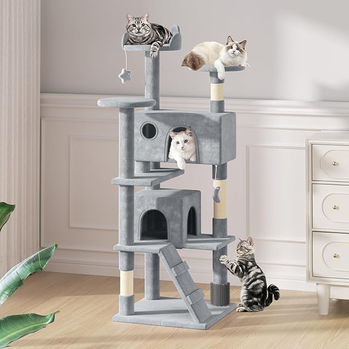 MoNiBloom 60 Inch Cat Tree Tower for Indoor Cats Large Adults, Cat Tower with Scratching Post, Multi-Level Furniture Activity Center with Cat Condo Pet Play House, Light Grey