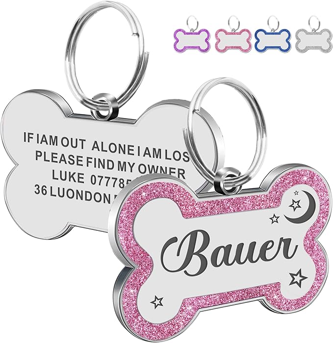 Dog Tags Personalized for Pets Dog Name Tags Personalized Dog Tag Engraved with Any Name & Text Custom Dog ID Tags Glitter Bone ID Tag for Puppy Cat (Pink L, Bone)