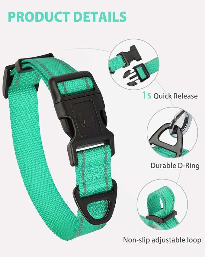 Joytale Reflective Dog Collar, Adjustable Nylon Pet Collar with Quick-Release Buckle for Medium Dogs, Teal, M