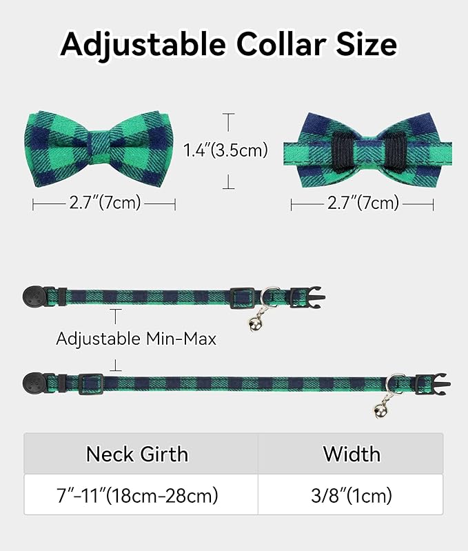 Joytale Upgraded Cat Collar with Bells, Breakaway Cat Collars with Bow Tie, 1 Pack Girl Boy Safety Plaid Kitten Collars, Green