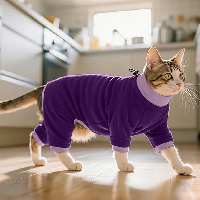 PUMYPOREITY Cat Recovery Suit, Stops Wound Licking After Surgery, Sticky Hair Shirt with Sticky Fabric, Cat Pajamas Prevents Over-Grooming, Purple, S