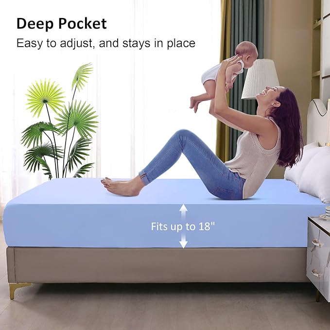 Waterproof Mattress Protector King, Fitted Sheet Style Breathable Mattress Cover with Deep Pocket Fits Up to 18'', Noiseless Bed Cover for Kids Adults Pets, Machine Washable (Sky Blue, 76'' X 80'')