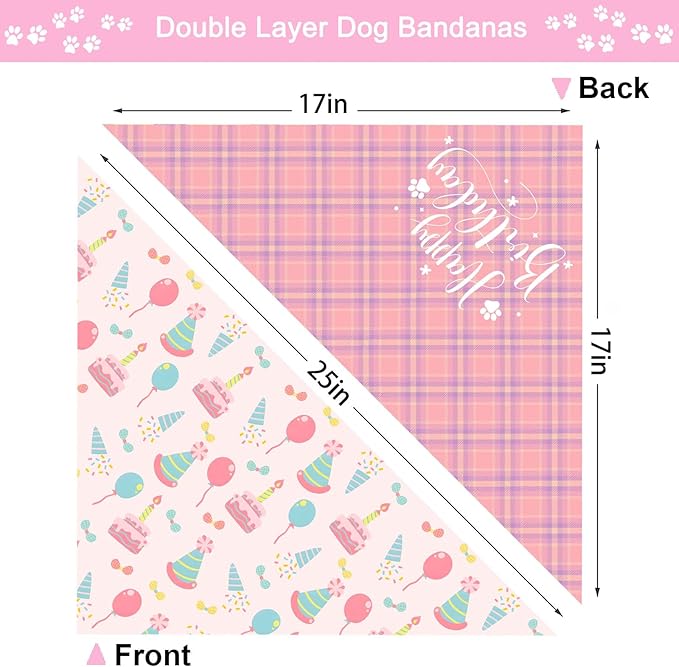 Birthday Dog Bandanas, Double Side All 4 Patterns Reversible Large Pet Bandanas 2 Pack, Celebration Set, Plaid Adjustable Triangle Holiday Pink Green Scarves for Dogs Girl Boy Pets