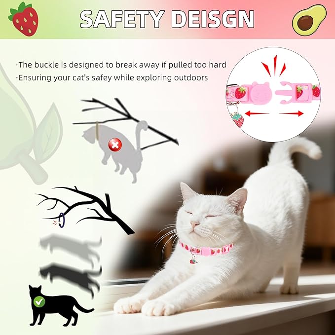 PUPTECK Breakaway Cute Cat Collar with Bell Charm, 2 Packs Adjustable Kitty Collars Fruit Pattern, Pink&Green, 7.8-11.8 in