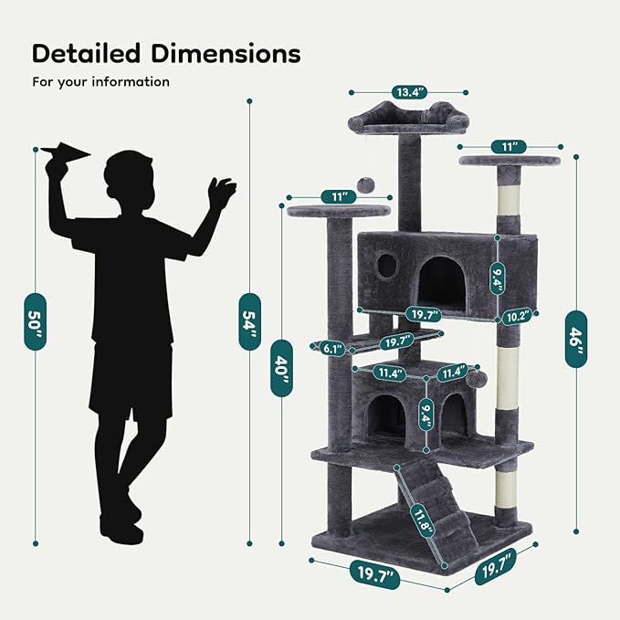 DUMOS 54-inch Indoor Cat Tree Tower –Multi-Level Pet House for Large Cats with 2 Condos, Scratching Posts, Round Platform, Small Ladder, and Toys – Perfect for Cats of All Ages, Navy Blue
