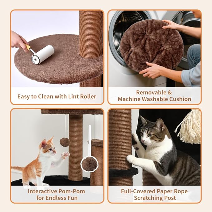64 in Heavy Duty Cat Tree, Cat Tower for Indoor Large Cats, Multi-Level Cat Furniture with Sisal Scratching Post, Hammock Extra-Large Platform & Condo (Brown)