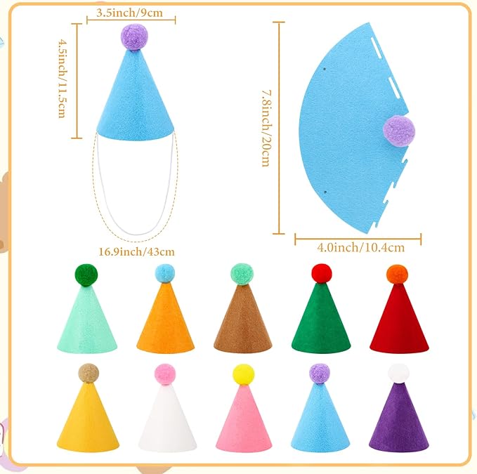 10 Pcs Mini Birthday Party Hats Multicolor Lovely Cone Hats for Animals Stuffed Pets Birthday Holiday Accessories Decoration Supplies
