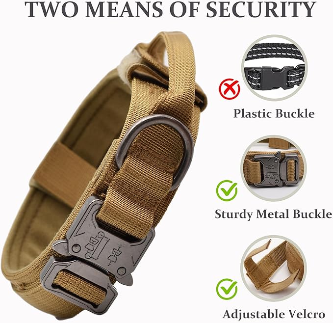 Tactical Dog Collar, Adjustable Military Training Nylon Dog Collar with Control Handle and Heavy Quick-Release Metal Buckle for Small Medium Large Dogs, Brown XXL