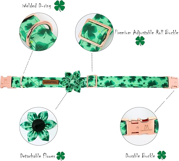 Lionheart Glory St. Patrick's Day Dog Collar, Dog Collar with Flower, Cute Floral Pattern Pet Collars Adjustable Pet Collars for Large Dogs