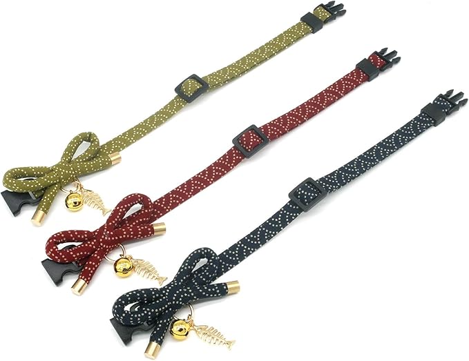 PetSoKoo Cute Bowtie Cat Collar with Bell. Japanese Stylish Bowknot & Fish Charm. Safety Breakaway, Soft, Lightweight, for Girl Boy Male Female Cats Kitten,Navy Blue