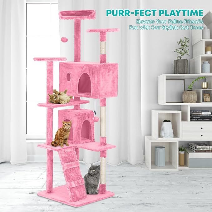 FDW | 70" Cat Tree Tower | Pink | Multi-Level Indoor Activity Center with Sisal Scratching Posts, Condos, Plush Perches, Hanging Cat Toys | Sturdy, Easy to Assemble | for Kittens & Adult Cats