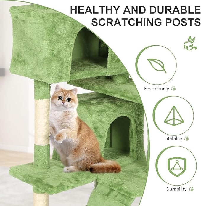 70 Inch Green Cat Tree, Tall Cat Tower with 2 Condos, 3 Scratching Posts, Multi-Level Platforms - Sturdy Climbing Structure Tall Cat Tower for Indoor Cats