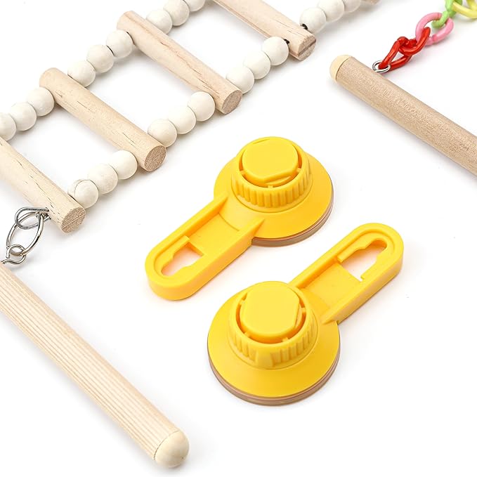 Wood Window Bird Perch Toy with Suction Cup, Climbing Ramp Ladder Platform, Enrichment Accessories Stuff for Parrot, Parakeet, Budgie, Cockatiel, Finches to Playstand Bath Car, Love Travel Inside Cage
