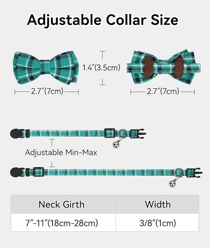 Joytale Upgraded Cat Collar with Bells, Breakaway Cat Collars with Bow Tie, 2 Pack Girl Boy Safety Plaid Kitten Collars, Haze Blue+Teal