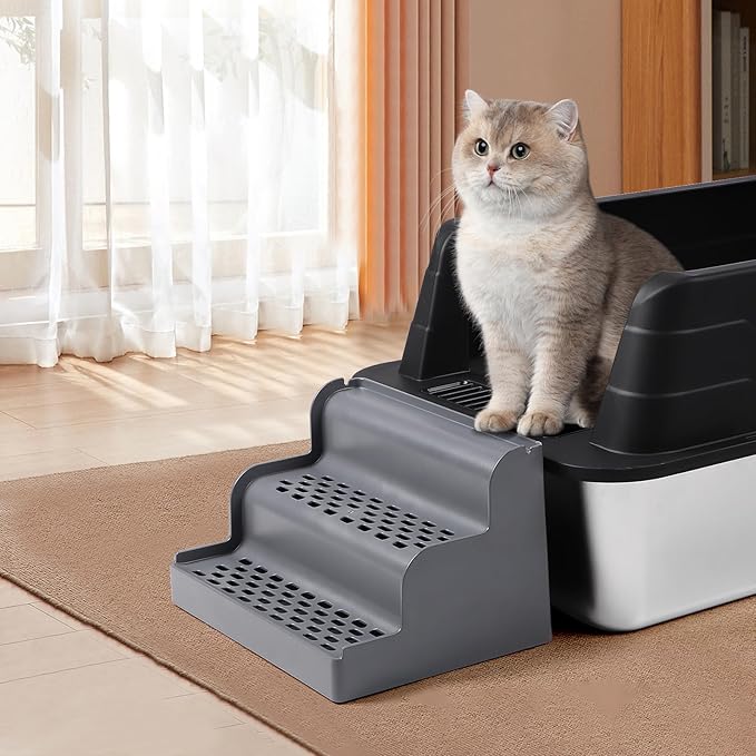 Cat Litter Box Ramp, 3-Step Cat Step for Litter Box with Filter Function, Removable Tray, Washable and Easy to Clean, Filter Pedal Stair for Kitten & Elderly Cats (Dark Grey)