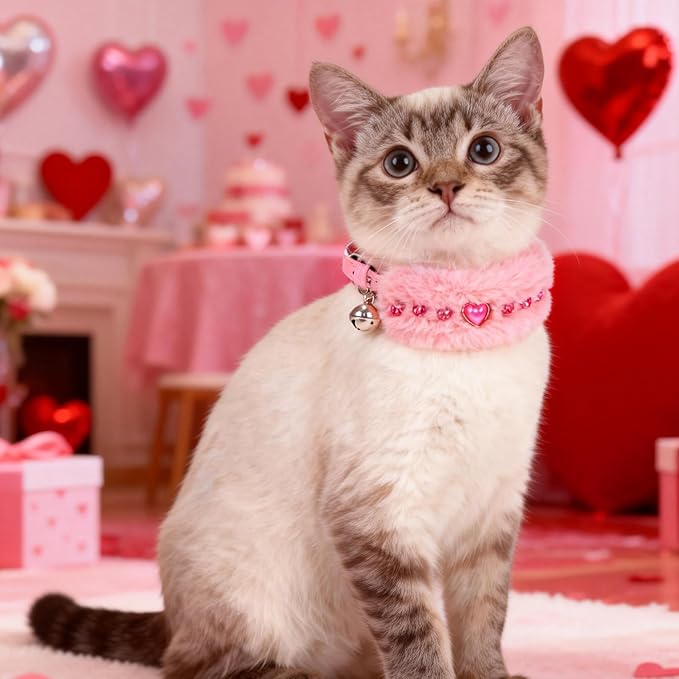 EXPAWLORER Valentine's Day Cat Collar - Adjustable Furry Leather Cat Collars with Pearls and Gemstones for Girl Boy Cats, Elegant Plush Pet Collar with Bell & Durable D-Ring, Pink