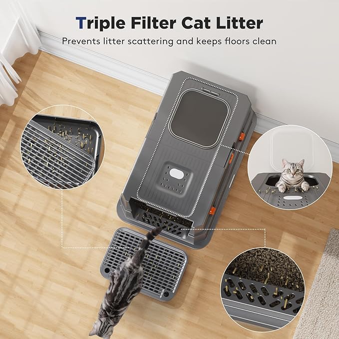 FURTIME Stainless Steel Litter Box with Lid, Large Enclosed Cat Litter Box for Big Cats, Metal Cat Box with High Sided Enclosure & Scoop, Front & Top Entry, Odor Free, Anti-Leakage, Grey
