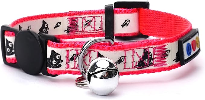 Pawtitas Glow in The Dark Cat Collar with Breakaway Safety Buckle & Bell Adjustable Kitten Collar, Pink