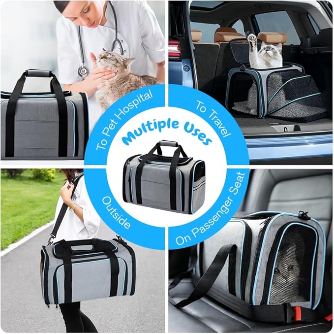 Double Expandable Cat Carrier,Airline Approved Soft-Sided Pet Travel Carrier for Small Dogs Cats under 15 lbs,Waterproof 600D Oxford Fabric with Washable Replacement Liner,Odor-Free & Claw-Proof(Blue)