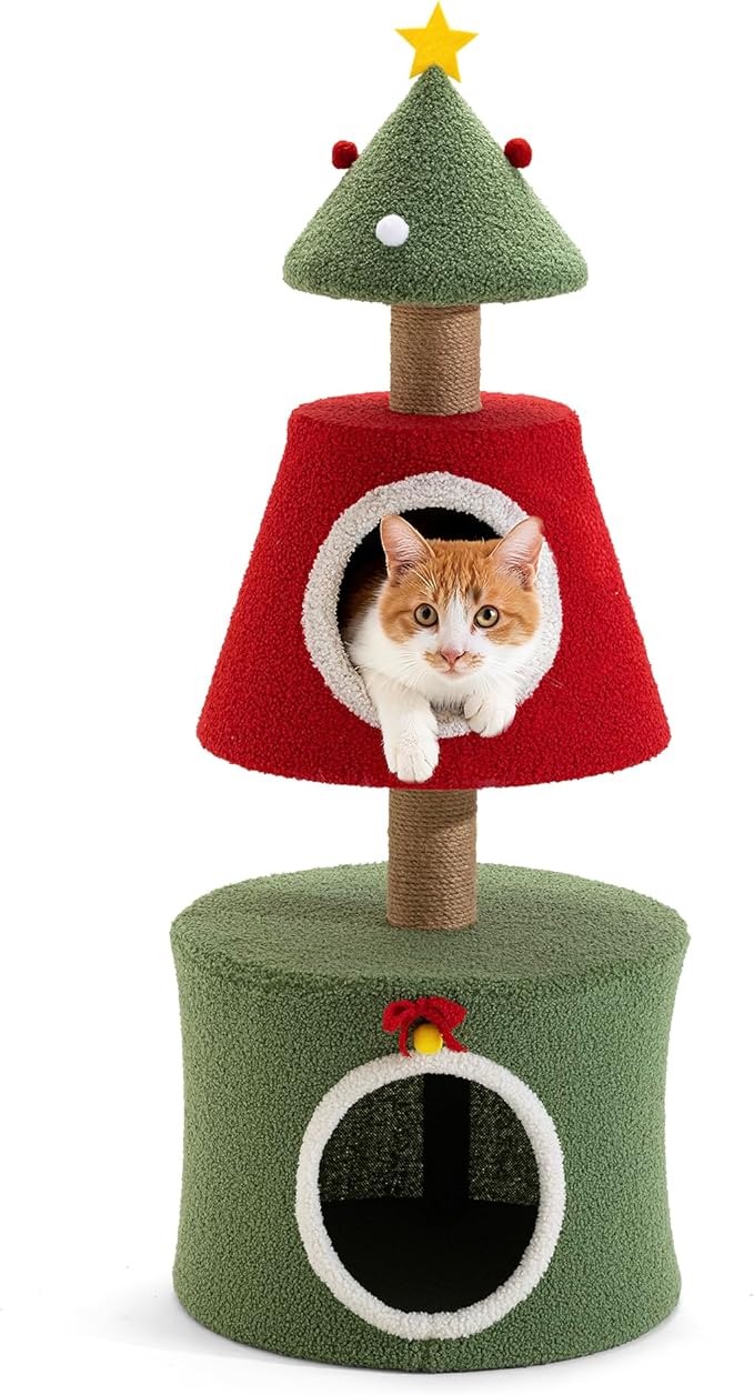 COSIEST 40in Tall Christmas Cat Tree Tower for Cats, Multi-Level Cat Tree House with Sisal Scratching Posts, Unique Kitty Condo & Kittens Play Activity Center for Christmas Decor, Red & Green