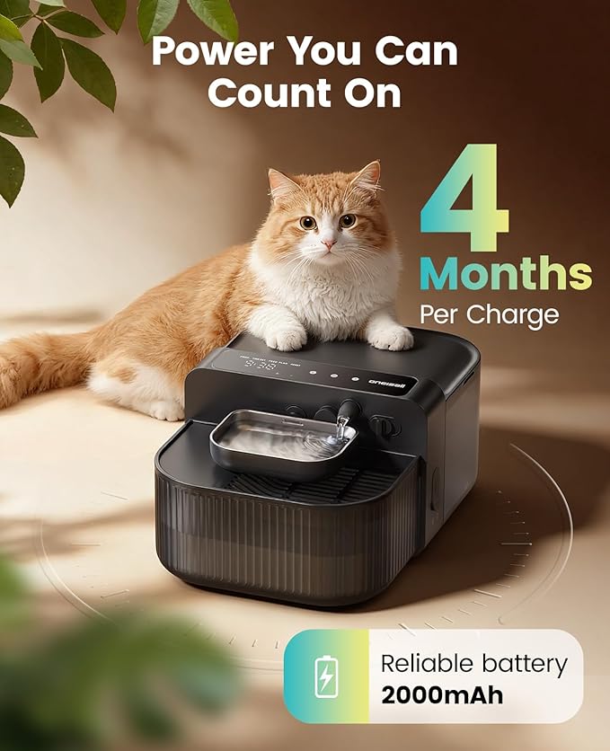 oneisall Wireless Filterless Cat Water Fountain, Separate Clean and Dirty Water Pet Fountain with Stainless Steel Bowl, 3.5L/118oz Quiet No Filter Smart Automatic Cat Water Dispenser Indoor, Black