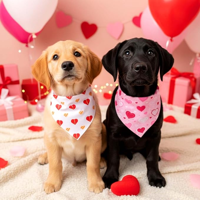 Sanwuta 48 Pcs Valentine's Day Dog Bandanas Bulk Valentines Dog Bandanas Adjustable Colorful Heart Scarf Red Pink Bib Accessories for Small Medium Large Breeds Pet Costume Accessories