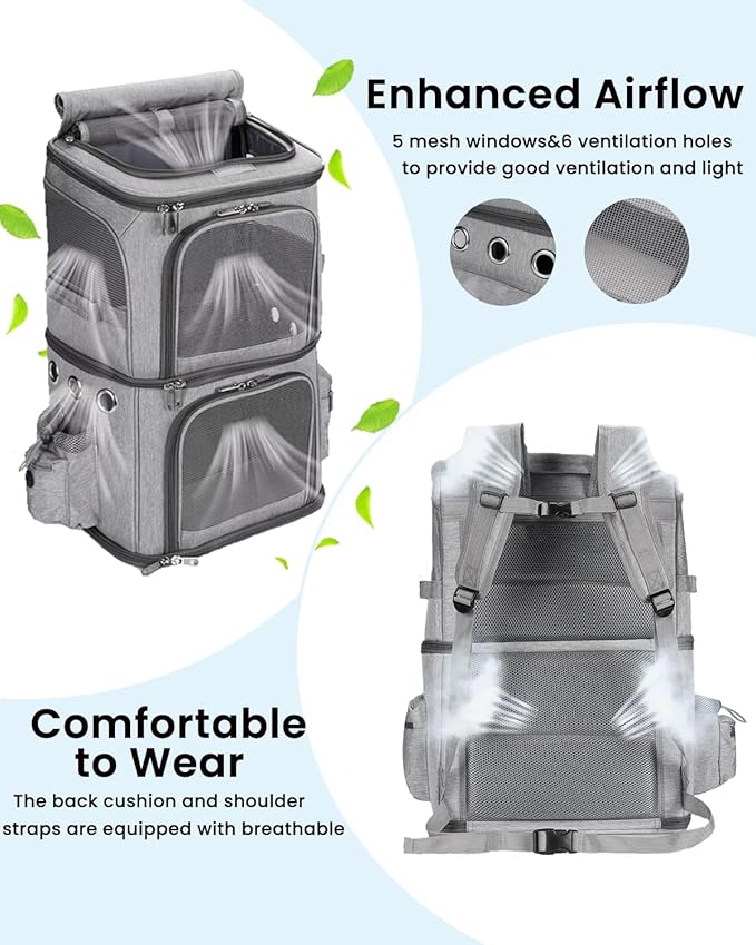 Double-Compartment Pet Carrier Backpack for Small Cats and Dogs, Cat Travel Carrier for 2 Cats, Perfect for Traveling/Hiking/Camping, Grey, XL