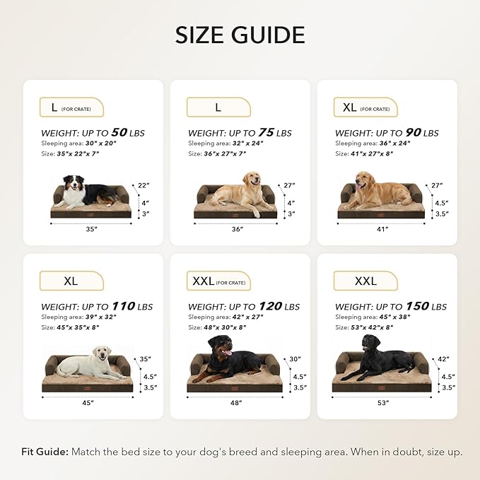 Orthopedic Dog Beds for Extra Large Dogs, Waterproof Egg Crate Foam XL Dog Bed with Sides 48x30Inch, Big Dogs Couch Beds with Removable Washable Cover and Nonskid Bottom, Brown