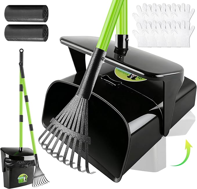 Pooper Scooper Swivel Bin & Rake with 50 Waste Bags, 38" Long Adjustable Handle Dog Poop Scooper for Yard Large Medium Small Dog, Easy to Clean Pet Waste Use on Grass, Dirt, Concrete or Gravel
