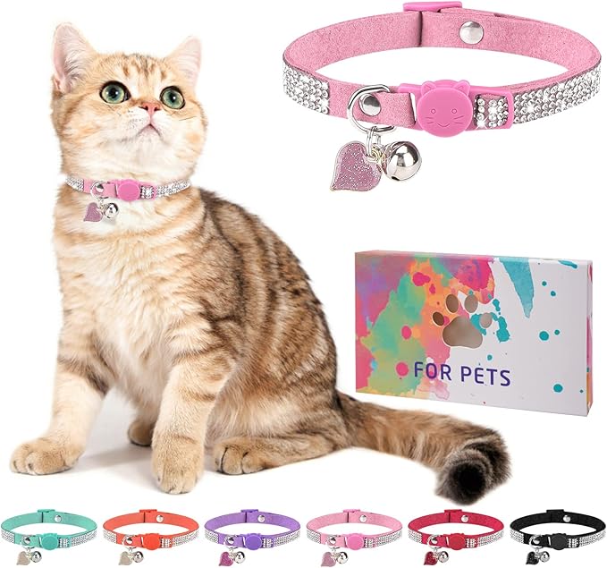 Rhinestone Cat Collar Breakaway with Bell, Diamond Cat Collar with Safety Buckle Quick Release for Girl Boy Small Kitten Pets Puppy,Cute Soft Female Male Cat Collars, Color Pink 7-9"