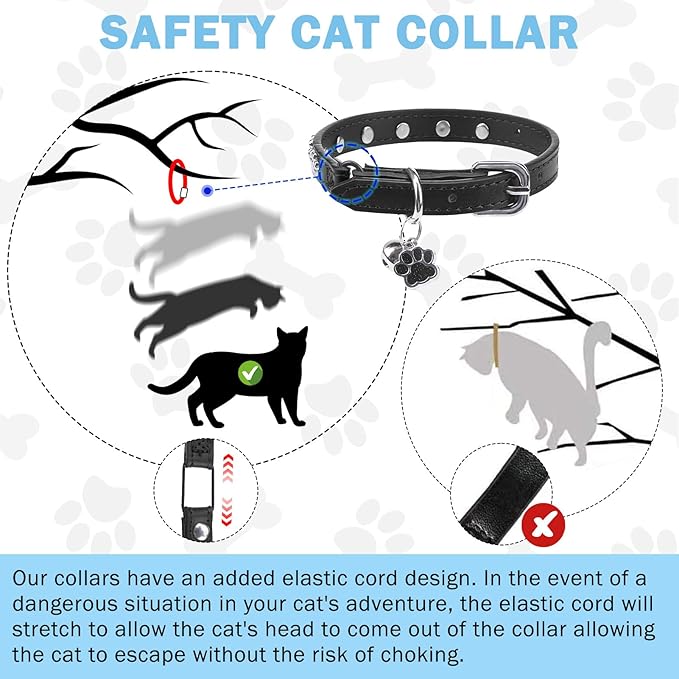 SCENEREAL Leather Cat Collar with Bell and Rivet, Personalized Stud Pet Collars with Safety Elastic Belt and Cute Paw Charm, Adjustable Soft Kitten Puppy Accessories for Boys Girls Cats, Black