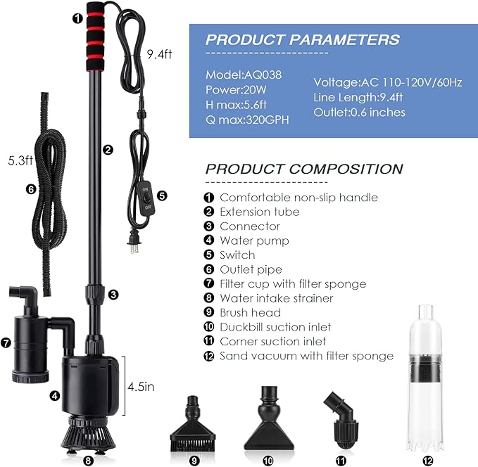 AQQA Electric Aquarium Gravel Cleaner, 6 in 1 Automatic Fish Tank Cleaning Tools Gravel Vacuum for Aquarium, Suitable for Change Water Wash Sand Water Filter and Water Circulation (320GPH, 20W)