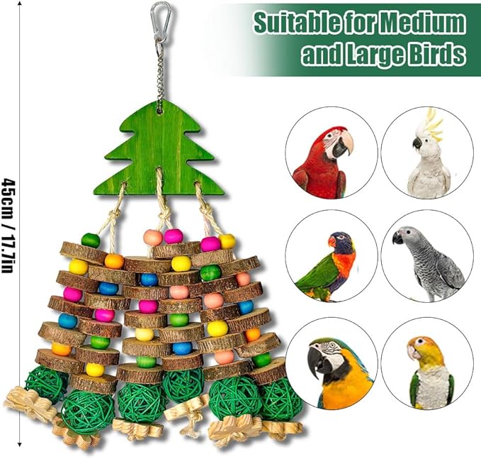 Parrot Toys, Large Bird Parrot Chewing Toys for Medium-Sized Macaws, Natural Wooden Blocks Christmas Tree Shape, African Grey Parrots, Amazon Parrots, Medium-Sized Bird