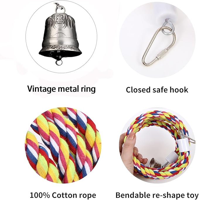2Pcs 63'' Bird Rope Perches Birdcage Swing Toys 100% Cotton Natural Bird Perch Peck/Chewing with Bell Climbing Standing Bungee Parrot Toys for Small to Regular Size Parrot Cockatiel Birds