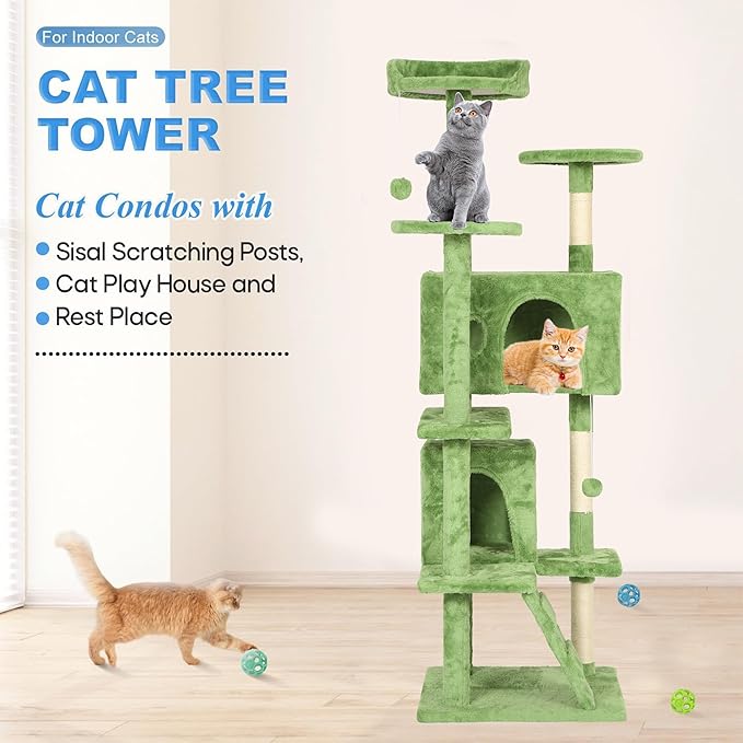 FDW | 70" Cat Tree Tower | Green | Multi-Level Indoor Activity Center with Sisal Scratching Posts, Condos, Plush Perches, Hanging Cat Toys | Sturdy, Easy to Assemble | for Kittens & Adult Cats