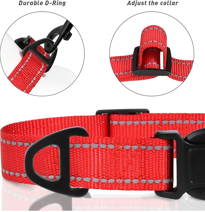 TagME Reflective Nylon Dog Collars, Adjustable Classic Pet Collar with Quick Release Buckle for Large Dogs, Red, 1.0" Width