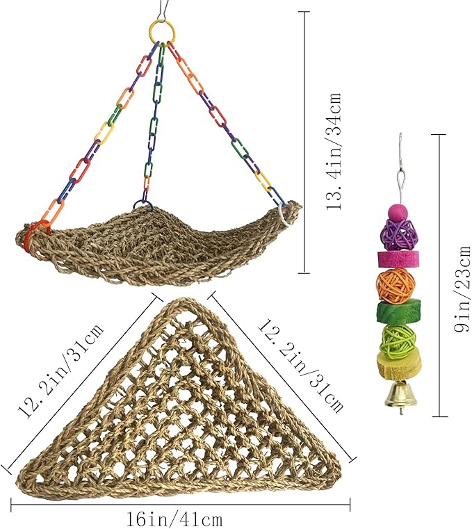 Large Seagrass Mat for Birds,Triangle Cockatiel Seagrass Hammock Natural Woven Sea Grass Mats for Birds,Parrot Foraging Grass Swing Toys for Medium Parakeets Lovebirds Cockatoos