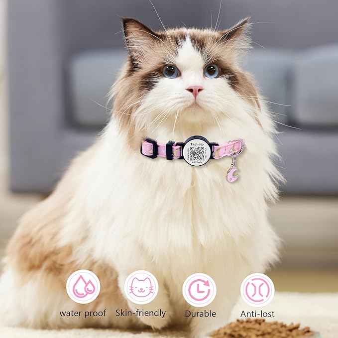 Stars and Moon AirTag Cat Collar with AirTag Holder,Air Tag Cat Collar for Apple. Solid & Safe, Pet Collar, Breakaway Cat Collar, QR Code Cat ID Tags - Pet Online Profile(Blue)