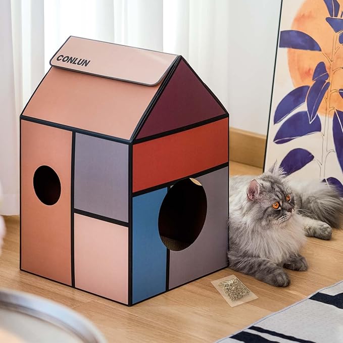 Cardboard Cat House with Scratch Pad & Catnip, Cat Play Scratching House for Indoor Hideaway Furniture, Heavy Duty Sturdy Cardboard Scratcher, Easy to Assemble Birthday Gift, Medium