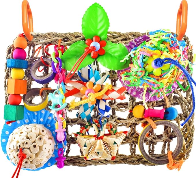 KATUMO Parrot Toys, Large-Sized Bird Shredder Wall Mat Parakeet Foraging Hanging Toys Conure Climb Toy Cockatiel Sola Ball Toys for Small-Medium Birds