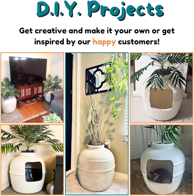 Good Pet Stuff Hidden Litter Box Planter, Decorative Cat Litter Enclosure with Carbon Filter, Artificial Plant, Easy Clean, Removable Liner, Round Style, Essentials Kit, Classic White