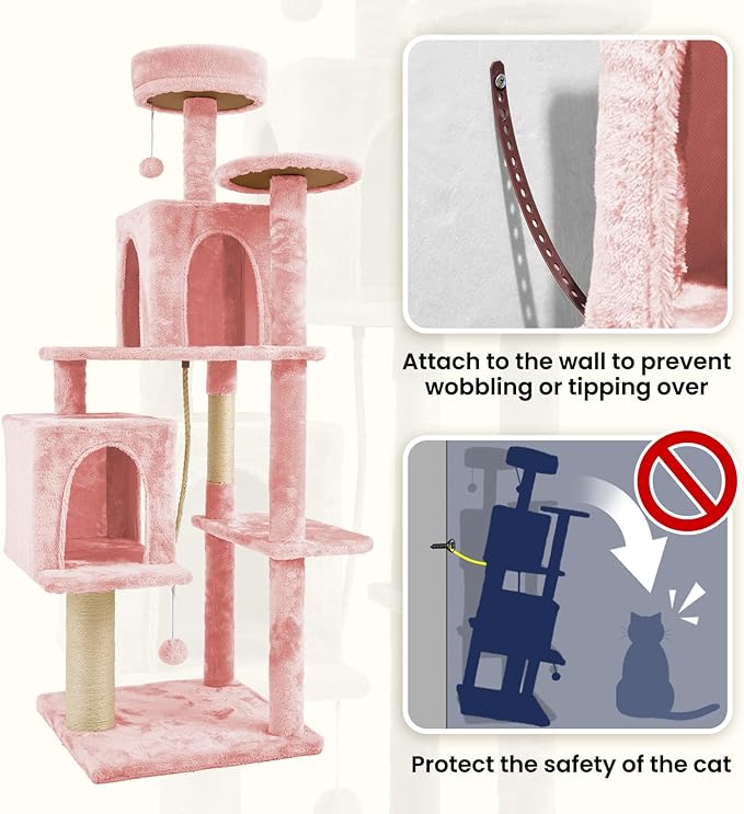 58.5inch Large Cat Tree Tower Condo for Indoor Cats, Soft Plush Multi-Level Climbing Tree Cat House with 1 360° Rotating Cat Cave, Scratching Post, More Entrance/Exit, Sisal Rope, Pink